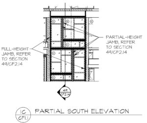 Framing elevation view illustrating the interwoven cold-formed steel (CFS) members at feature window openings. This configuration was engineered to support multiple window sizes within a unified framed area, ensuring precise load transfer and structural continuity across the elevation.
