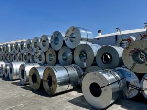 Steel coils await processing at CEMCO's City of Industry, California, facility. Manufacturers track each coil throughout production, creating a documented chain of custody from steel mill to finished cold-formed steel framing member.