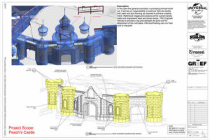 Peach’s Castle used radiused tower framing with oversized curved tracks, allowing straight studs while integrating equipment bays, windows and concealed lighting.