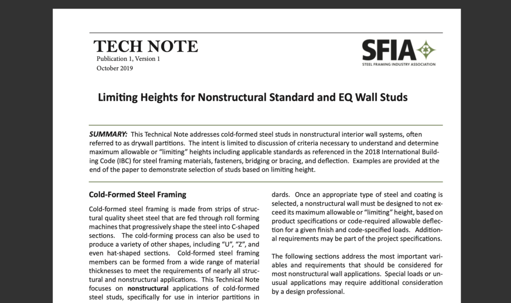 SFIA Tech Note: Limiting Heights for Nonstructural Standard and EQ Wall Studs (October 2019)