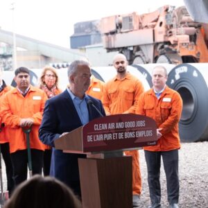 Ron Bedard, president and CEO of ArcelorMittal Dofasco, speaks at the groundbreaking ceremony for the company’s low-carbon emissions steelmaking project in Canada.