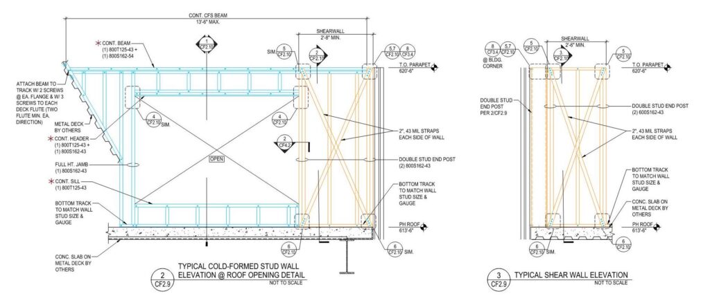 Roof opening shear wall cold-formed steel framing designs UVA Health Orthopedic Center