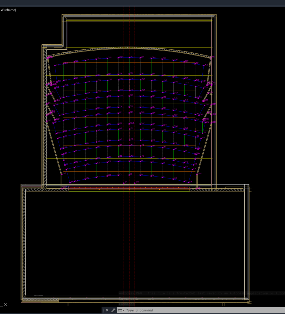James Hillegas' layout file for installing unistrut and aircraft cables to support an auditorium drywall cloud.