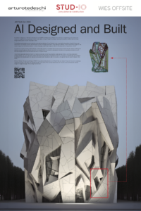 The exhibit sign attached to the mockup shows it to be one component of a building rendering designed by Arturo Tedeschi using artificial intelligence tools.