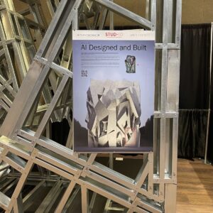 The AECTechCon exhibit sign shows the mockup to be one component of a building rendered by Arturo Tedeschi using AI tools.