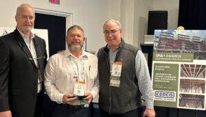 Pat Ford (left), SFIA technical director, and Jim Collins (right), SFIA president, present Steve Farkas of CEMCO with the 2023 SFIA Award for Sustainability on a project at SFIA’s Annual Meeting in March 2024.