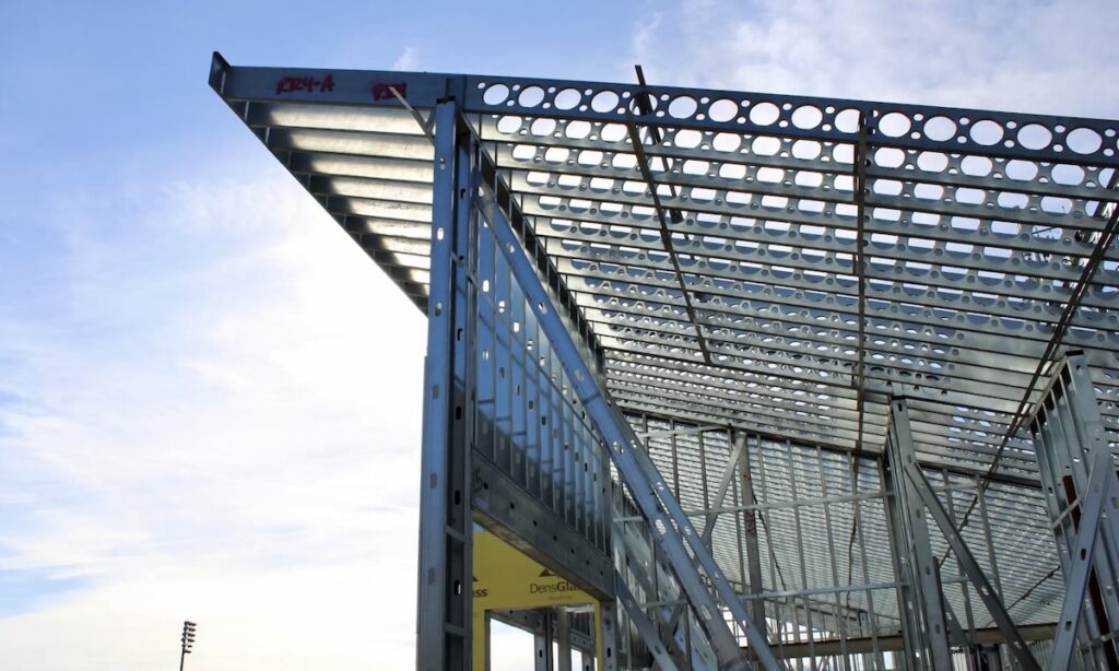 2024 SFIA Awards: A tall cold-formed steel (CFS) wall supports long, cantilevered CFS rafters.