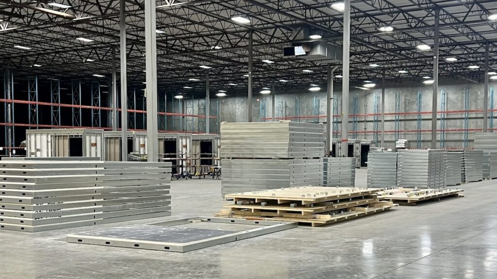 2024 SFIA Award winner: The T.J. Wies Contracting jig tables used on the BJC HealthCare project and created the stacks of cold-formed steel (CFS) walls shown.