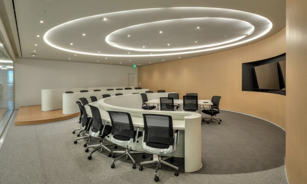 Many of the architectural features of the Volkswagen Headquarters project are curved in various directions.