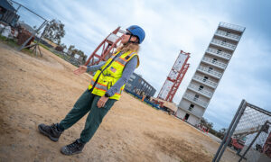 Tara Hutchinson, a professor in the UC San Diego Department of Structural Engineering, is the lead researcher on a series of tests on a 10-story, cold-formed steel (CFS) framed building at the UC San Diego outdoor earthquake simulator. Photo: David Baillot/UC San Diego Jacobs School of Engineering