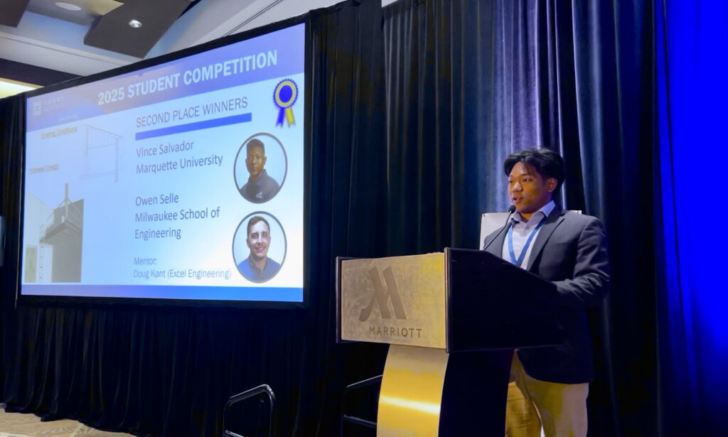 Vince Salvador, an engineering student at Marquette University, presents his winning cold-formed steel (CFS) design to the CFSEI Expo audience. The design was a joint effort with Owen Selle of the Milwaukee School of Engineering.