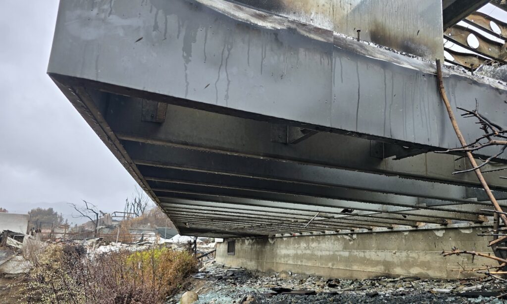At the Palisades home, cantilevered cold-formed steel (CFS) deck joists and their foundation connection remained intact — where less wood meant less fire intensity.
