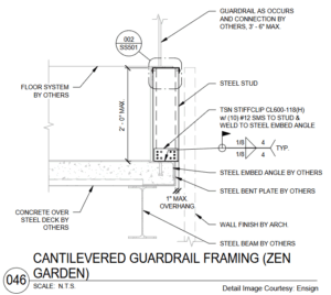 Cantilevered guardrail framing called for a moment-resisting connection to the concrete deck. The SEOR provided embed plates to weld to the cold-formed steel (CFS) studs, ensuring adequate support got the stud and glass railings. (Detail courtesy of Ensign Engineering.)