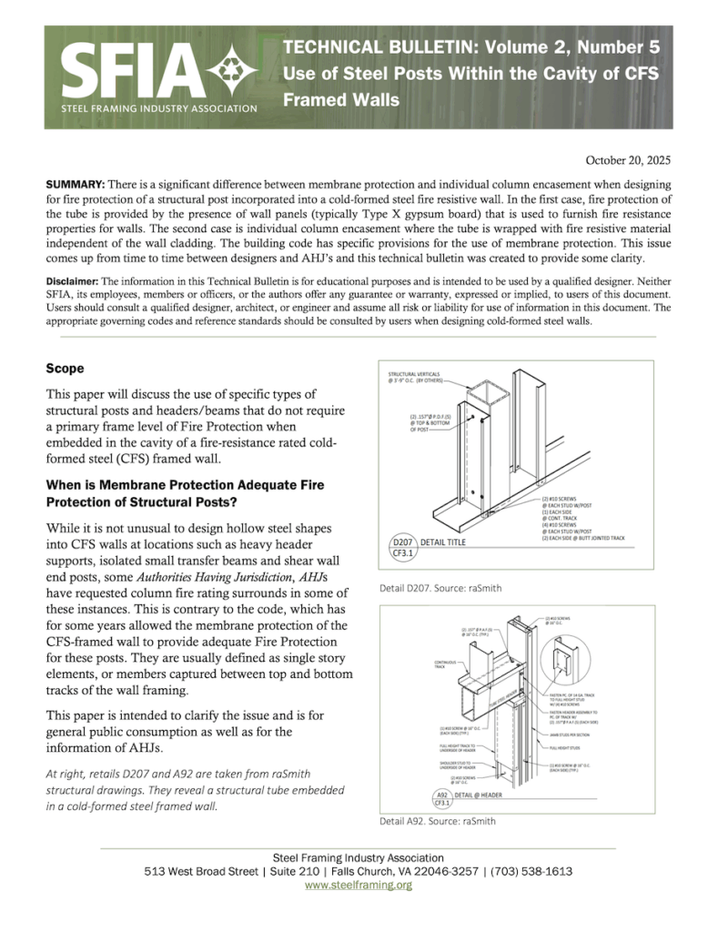 SFIA Technical Bulletin Vol 2, No 5 — Use of Steel Posts within the Cavity of Cold-Formed Steel Framed Walls