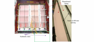 Test set-up and wall test frame showing the team’s 0.6 m × 0.2 m scaled model, designed to reduce computation time while accurately replicating full-scale behavior.
