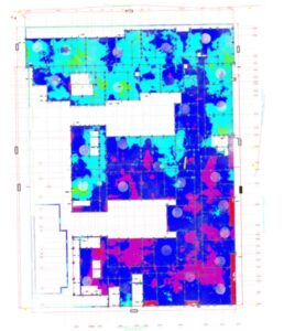 Elevation heatmap showing podium slab variations, where green represents high elevations and blue represents low elevations.