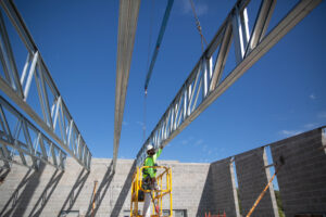 A fire station in Missouri switched from bar joists to Low Embodied Carbon cold-formed steel (CFS) framing to speed up the project’s construction timeline and lower its environmental impact. Image credit: Negwer Materials.