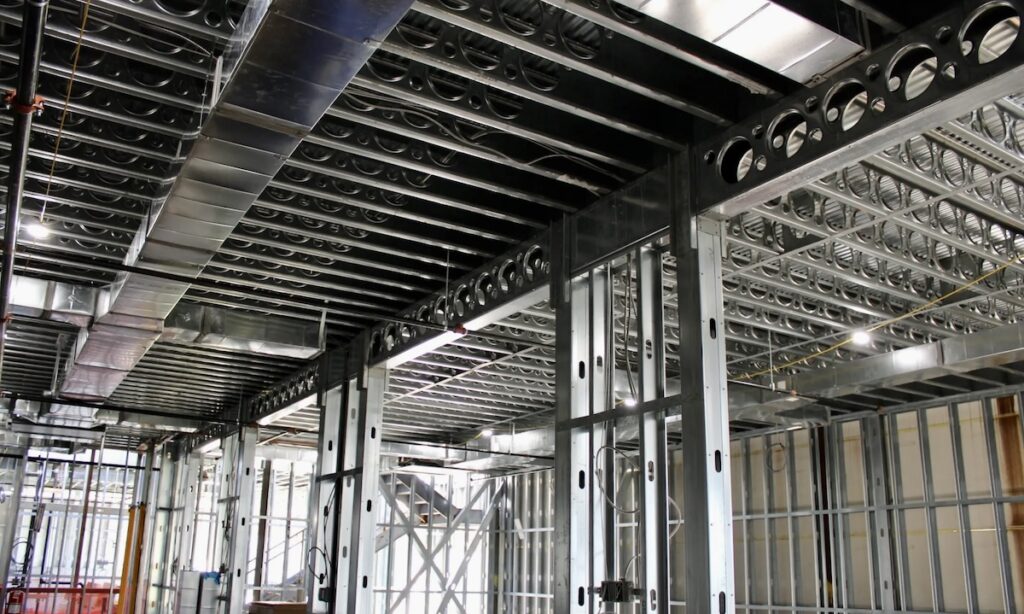 Cold-formed steel (CFS) posts support the second floor of college sports facility. Image credit: ADTEK Engineers