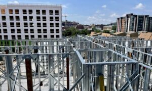 Cold-formed steel (CFS) framing rises against the Washington, D.C., skyline — evidence of the material’s strength and efficiency in mid-rise design. Image credit: CFSEI.