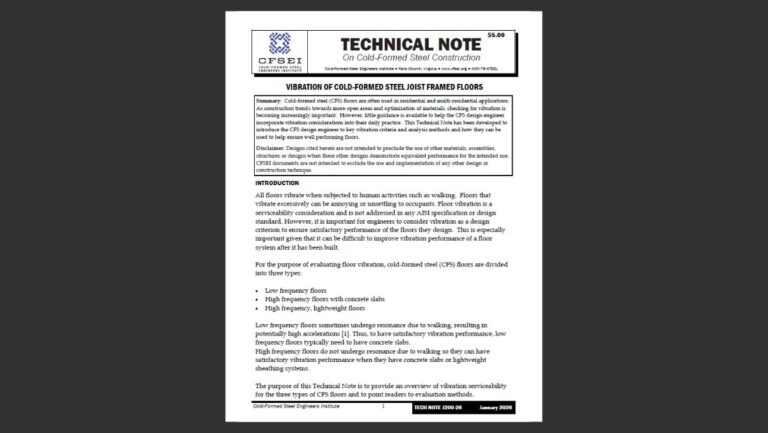 Tech Note Covers CFSEI Releases Tech Note J200-26: Vibration of Cold-Formed Steel Joist ...