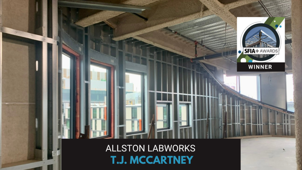 At Level 5 on the southeast elevation, cold-formed steel (CFS) framing supports both the Aluminum Composite Material panel facade and the unitized curtainwall system.