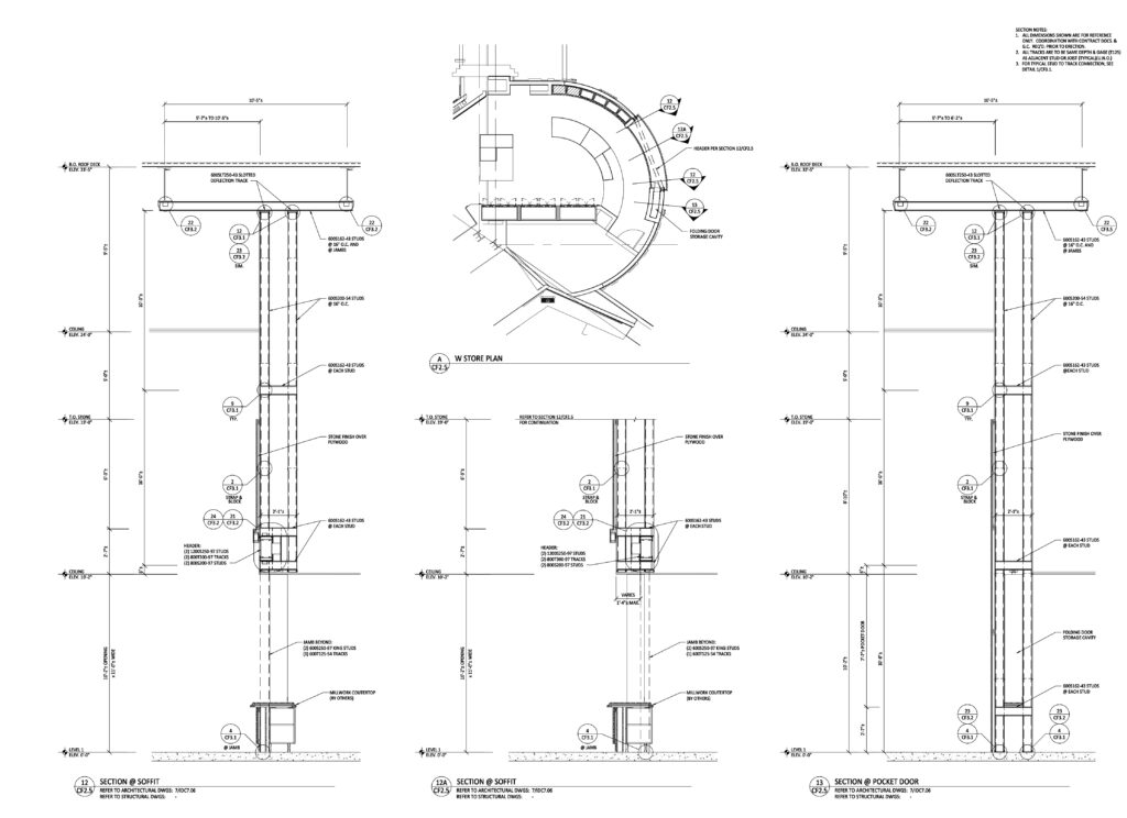 This R.A. Smith shop drawing shows curved cold-formed steel (CFS) walls, soffits and pocket doors.