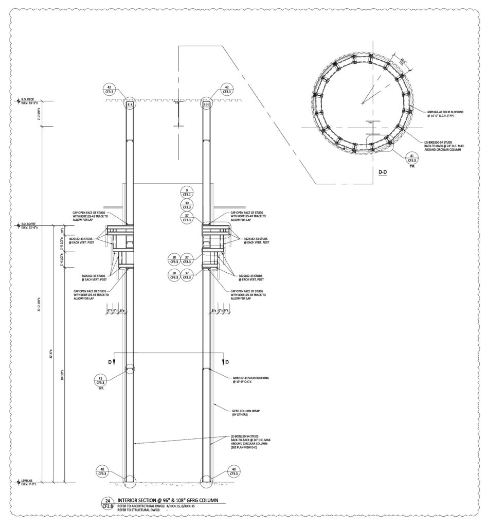 A R.A. Smith drawing shows the cold-formed steel (CFS) column wrap framing design.