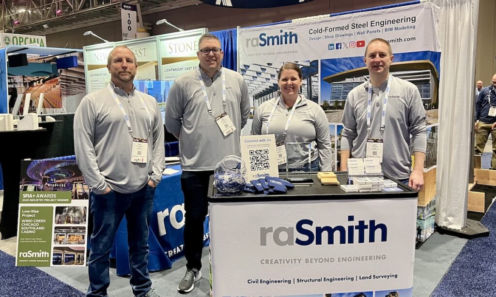 At SFIA member raSmith's booth, (left to right) Pat Hainhault, Jake Wagner, Susan Dzibinski and Jeff Derra represent the firm’s cold-formed steel (CFS) engineering expertise at BUILD26 in New Orleans.