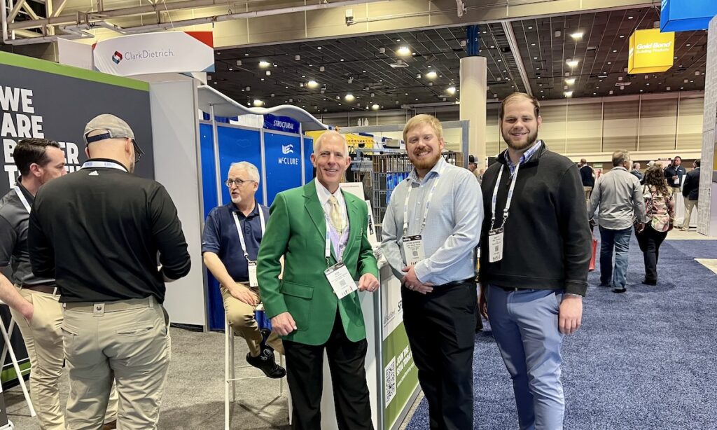 At the SFIA booth, Executive Director Don Allen (center) connects with Jason Warren of SCAFCO and Brett Thompson of CWallA during BUILD26 in New Orleans.