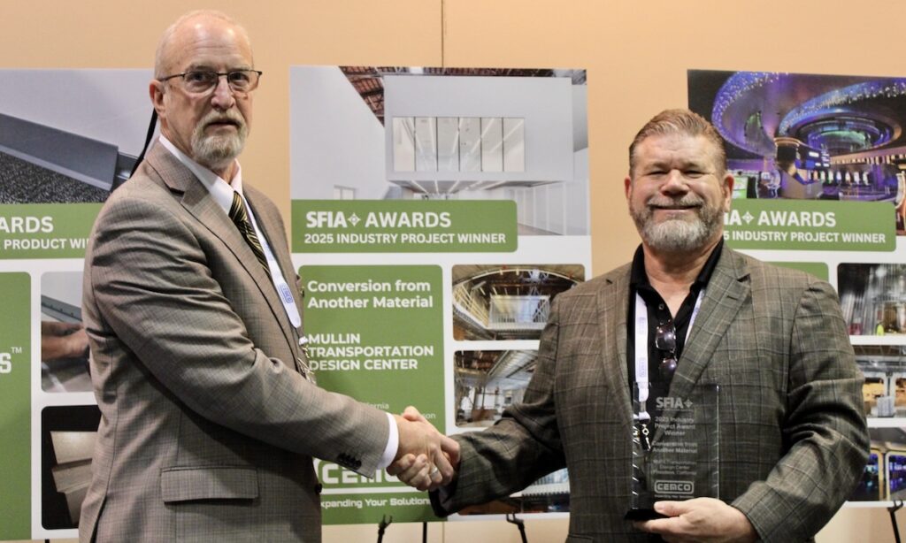 At right, Steve Farkus of CEMCO accepts one of three SFIA awards the firm received during the 2026 SFIA General Session in New Orleans.