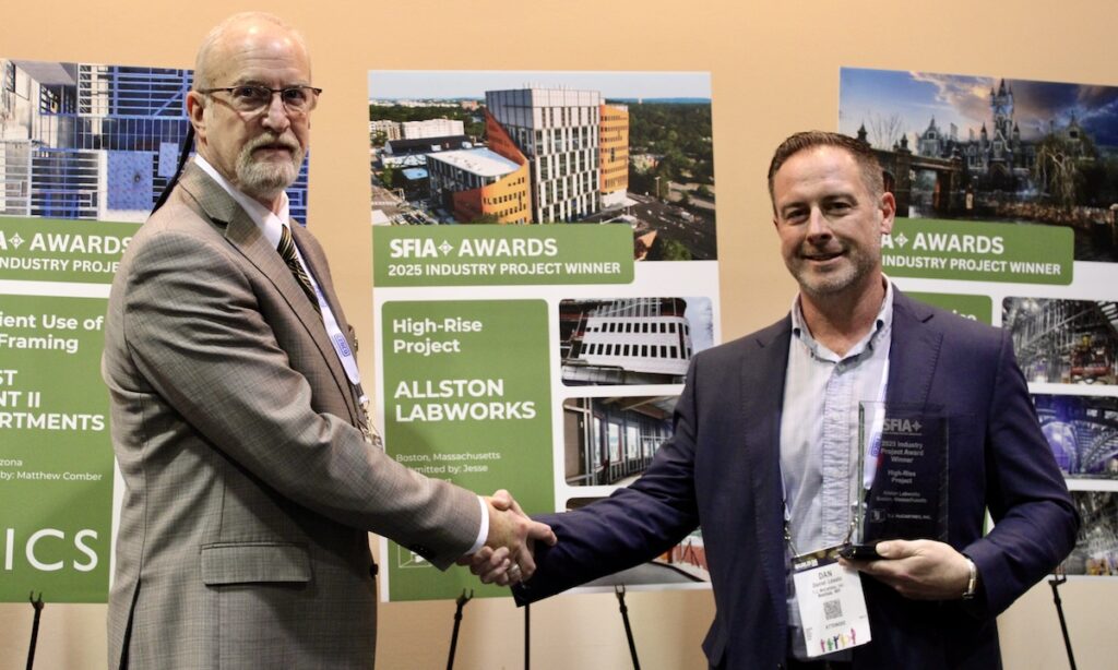At right, Dan Lasata of T.J. McCartney accept the 2025 Steel Framing Industry Association (SFIA) 2025 High-Rise Project Award from SFIA Technical Director Pat Ford during the 2026 SFIA General Session in New Orleans.