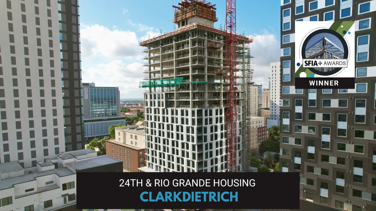 The 24th & Rio Grande Housing project in Austin, Texas, features cold-formed steel (CFS) prefabricated exterior panels and a drift track attachment system.