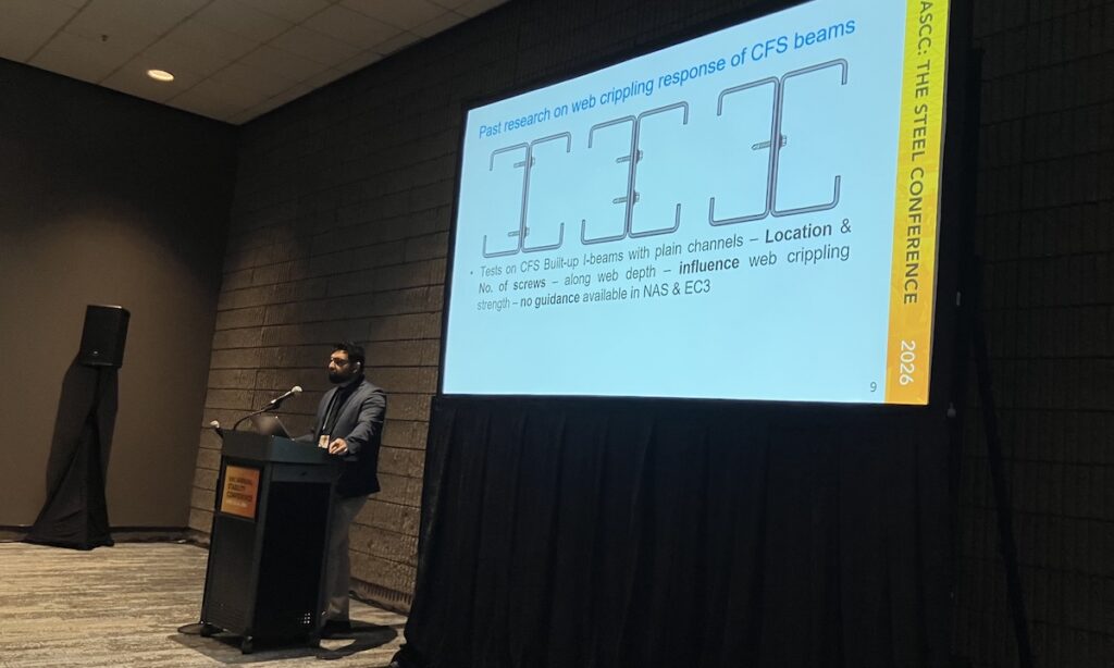 Mohammad Adil Dar, University of Sheffield, presents research on web crippling behavior in built-up cold-formed steel (CFS) I-beams during the “Frames and Systems” session at NASCC: The Steel Conference.