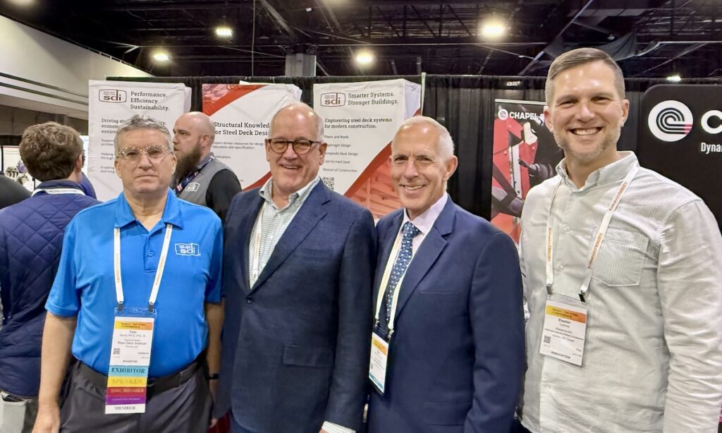 Left to right, Tom Sputo and Ken Charles of the Steel Deck Institute, SFIA Executive Director Don Allen, and Keenan Loomis of the Canadian Institute of Steel Construction mingle at NASCC: The Steel Conference in Atlanta.