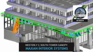The Westerly 2, South Tower, canopy features a stud-beam system, made up of interconnected studs and tracks, which establishes a robust structural backbone.