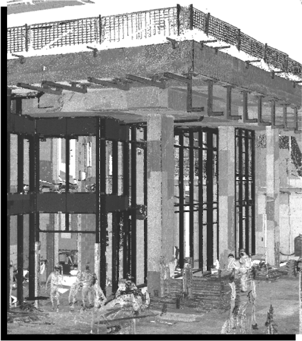 The team used 3D scanning to confirm outrigger locations that would support the cold-formed steel (CFS) canopy framing at the Westerly 2 South Tower.