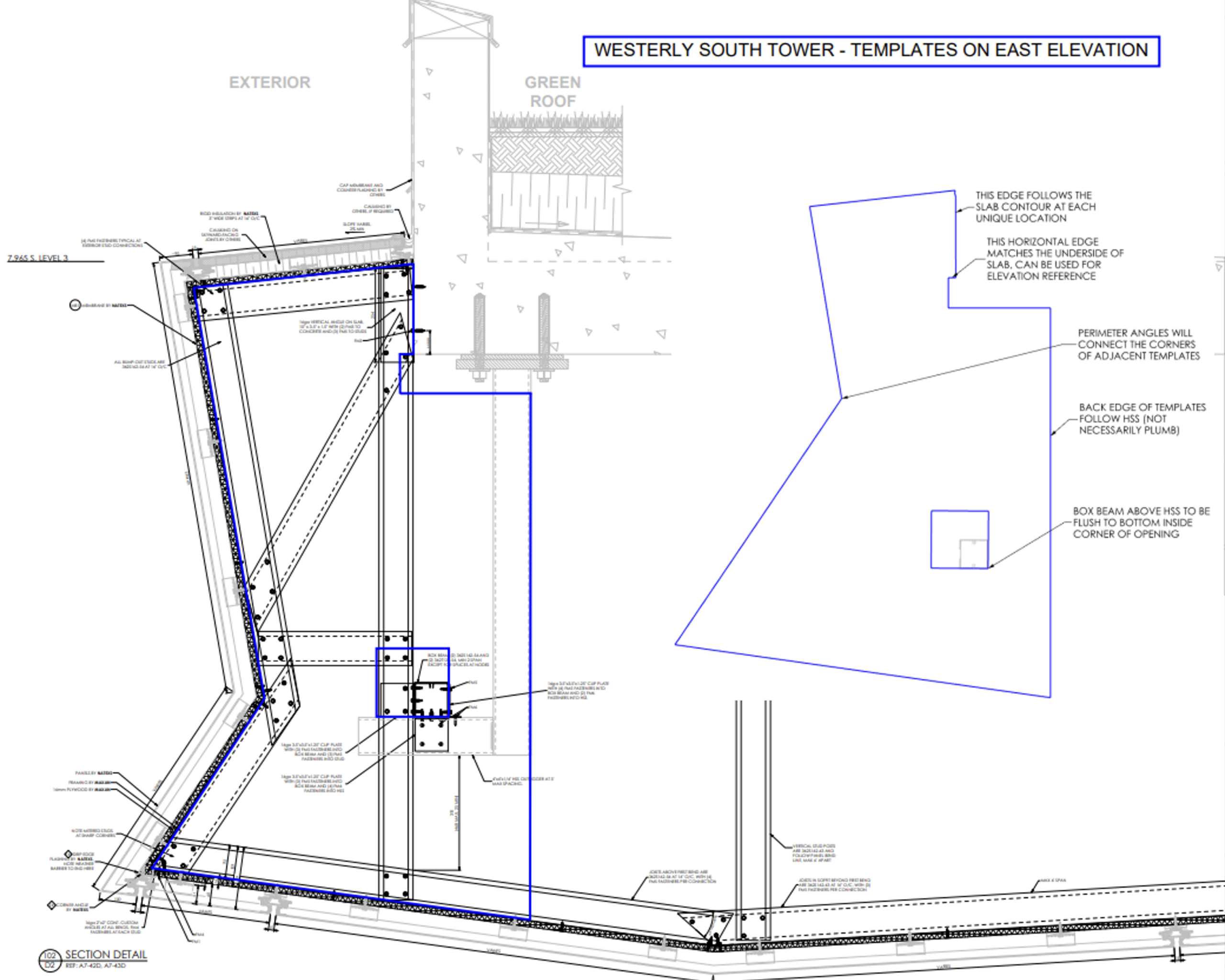 East elevation detail shows template layout used to define planar regions and guide the placement of the cold-formed steel (CFS) framing system.