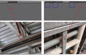 At top, radar images of cold-formed steel studs behind common wall claddings as scans capture the damaged and undamaged studs. At bottom, the damaged stud and truss as predicted in the scan.