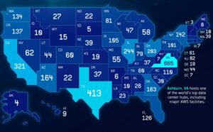 The distribution of data centers in the US in 2025