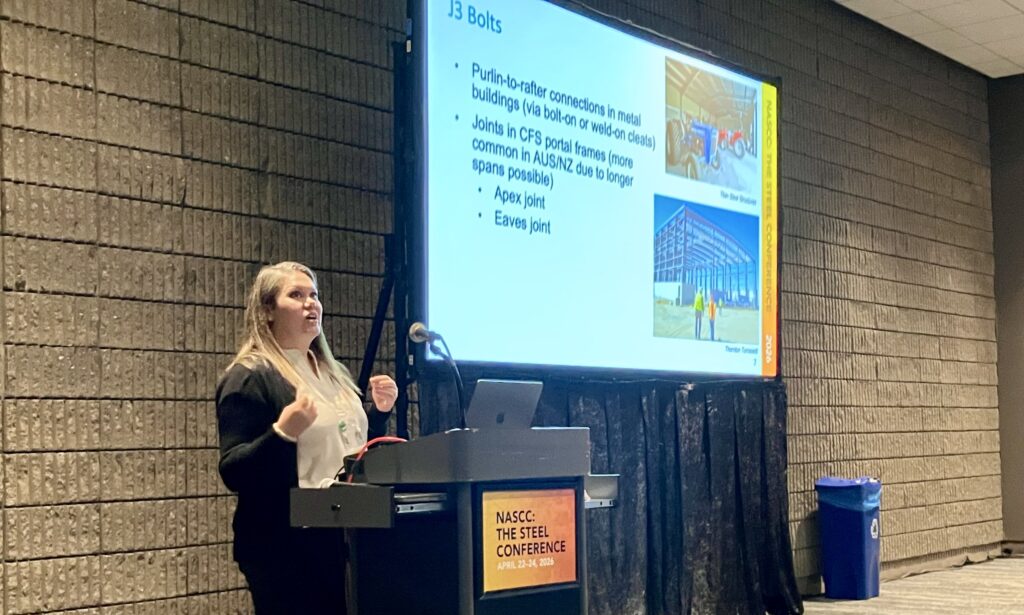 Kara Peterman, Ph.D., associate professor at UMass Amherst, presents on cold-formed steel connection behavior during “The CFS Magic 8 Ball” session at NASCC: The Steel Conference.