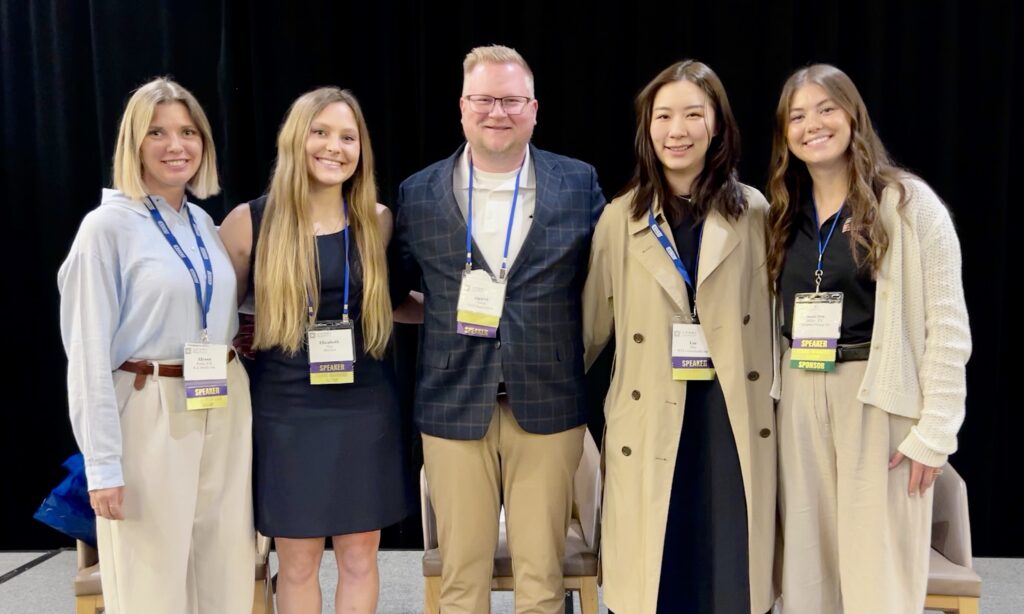 Young member panelists Alyssa Pease, P.E., raSmith; Elizabeth “Ellie” Viox, McClure; Daniel Church, Excel Engineering; Lia Zhu, MTE Consultants; and Kamryn Miller, P.E., Simpson Strong-Tie, pose following their presentation at the 2026 CFSEI Expo in Long Beach, California.