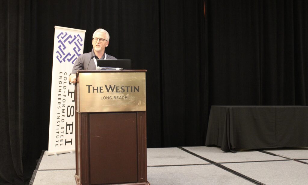 Jeff Klaiman, P.E., of ADTEK Engineers addresses attendees before announcing Benjamin Schafer, Ph.D., of Johns Hopkins University as the recipient of the 2026 John P. Matsen Award for Distinguished Service during the 2026 CFSEI Expo in Long Beach, California.