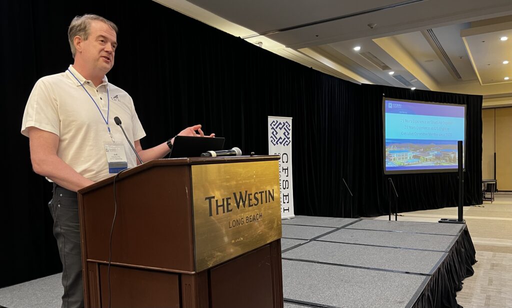 Jeffrey Kreinke, P.E., of Excel Engineering, Inc., addresses attendees during the 2026 CFSEI Expo after being confirmed as chair of the CFSEI Executive Committee.