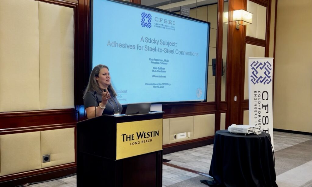 Kara D. Peterman, Ph.D., of the University of Massachusetts Amherst presents “A Sticky Subject: Adhesives for Steel-to-Steel Connection” during the 2026 CFSEI Expo in Long Beach, California. The session drew a packed room as engineers explored emerging research on structural adhesives for steel connections, one of the conference’s most discussed technical topics.