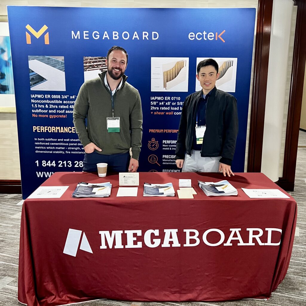 Sebastian Higdon and Cory Chen of Gold Sponsor Megaboard showcased the company’s noncombustible structural building panels during the 2026 CFSEI Expo in Long Beach, California.