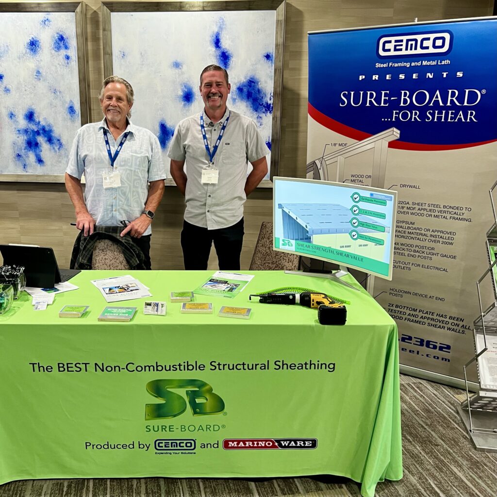 Carleton Elliott and Tyler Elliott of Gold Sponsor SURE-BOARD highlighted the product's strength and noncombustible properties during the 2026 CFSEI Expo in Long Beach, California.