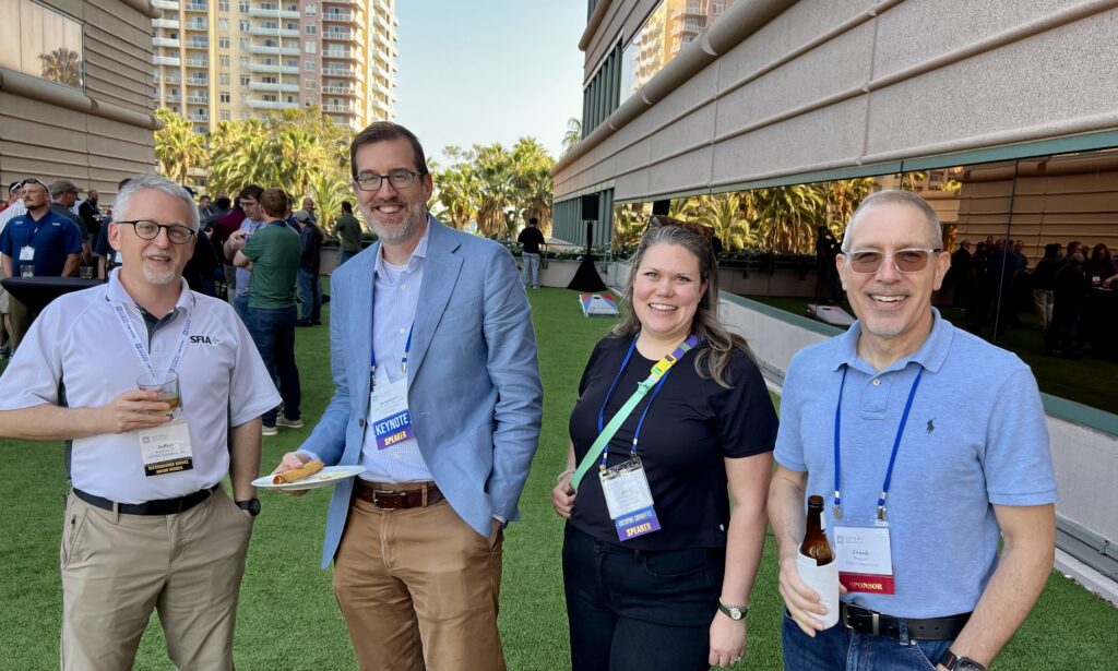 Jeff Klaiman, P.E., of ADTEK Engineers; Benjamin Schafer, Ph.D., of Johns Hopkins University; Kara Peterman, Ph.D., of the University of Massachusetts Amherst; and Frank Pospisil of USG unwind during the 2026 CFSEI Expo in Long Beach, California.