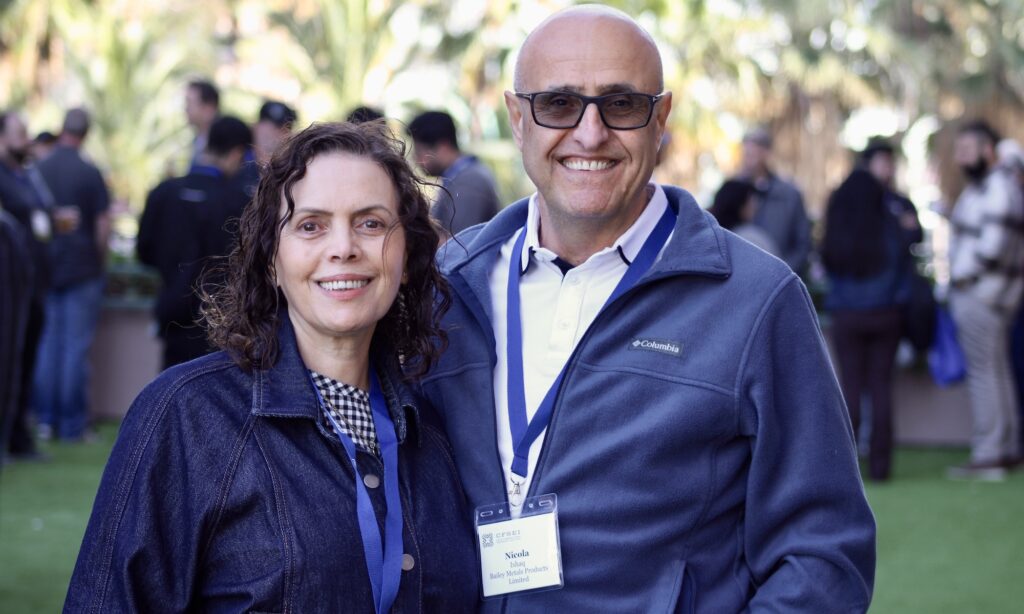 Nicola Ishaq of Bailey Metal Products Ltd. and his wife, Maram, relax during the 2026 CFSEI Expo social mixer following the conference’s first day in Long Beach, California.