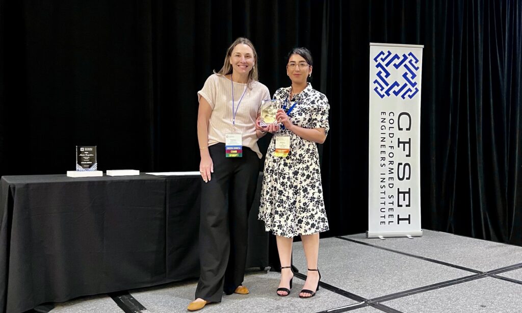 At right, Maihan Ali of George Mason University accepts recognition for third place in the 2026 CFSEI Student Competition on Cold-Formed Steel Design during the 2026 CFSEI Expo in Long Beach, California.