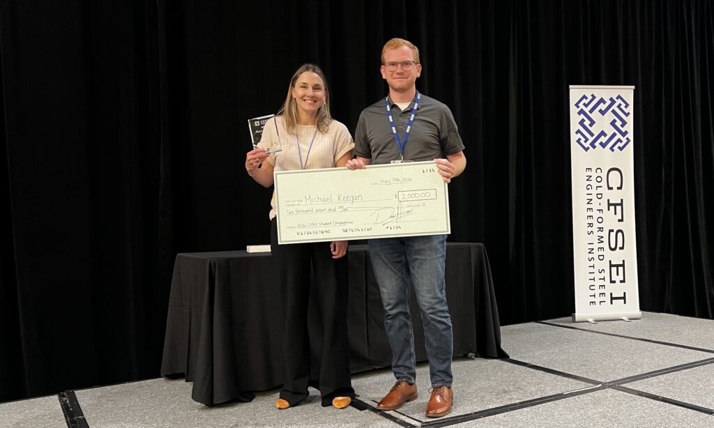 Michael Keagan accepts recognition for winning the 2026 CFSEI Student Competition on Cold-Formed Steel Design from Tammy Gleed, P.E., of ClarkDietrich Engineering Services and 2025–2026 CFSEI chair, during the 2026 CFSEI Expo in Long Beach, California.